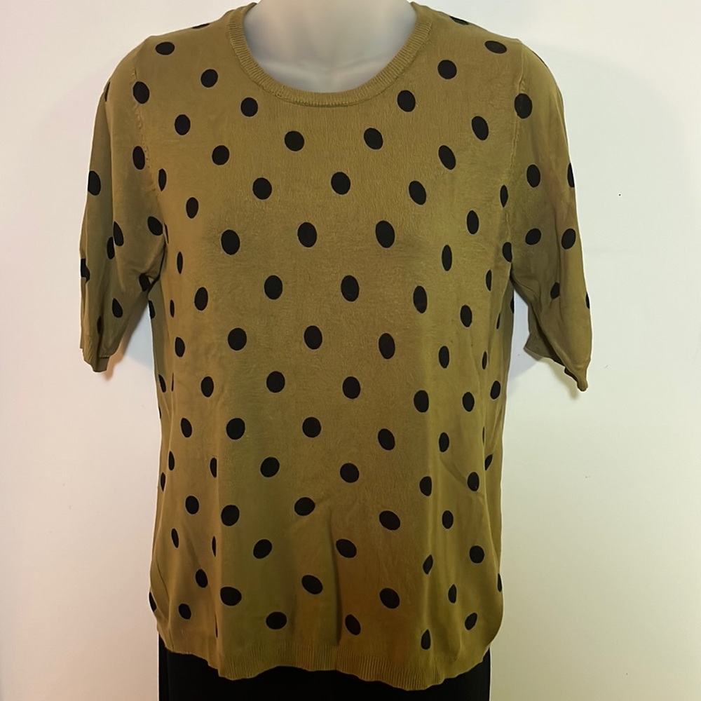 Carmen Marc Valvo Olive Green Polka Dot Short Sleeve Sweater M